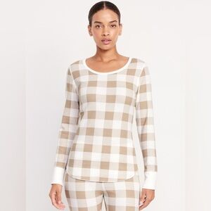 Old Navy Women’s Plaid Waffle Long Sleeve Top - Tan and White Size XL